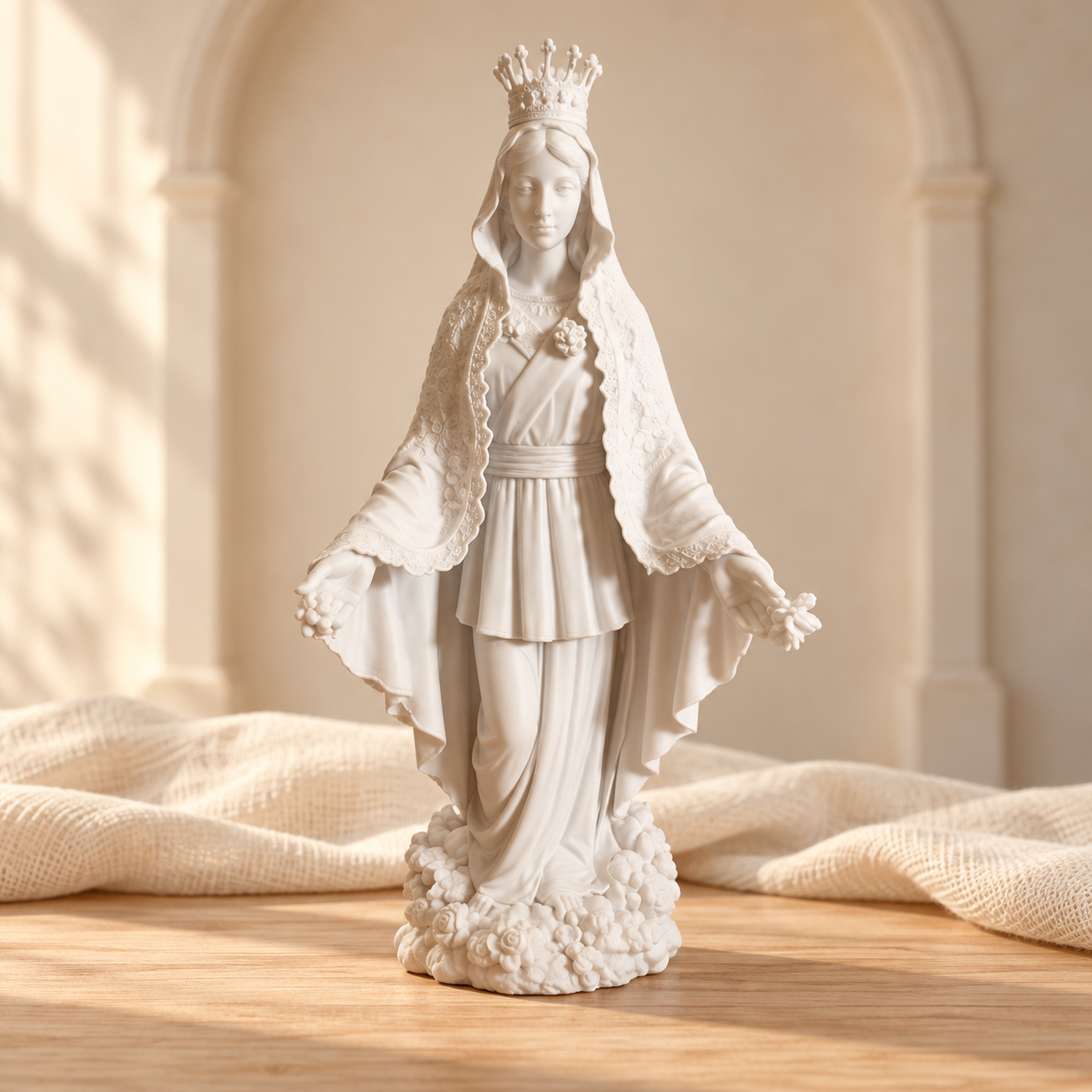 Nossa Senhora: escultura em cenário claro com luz suave
