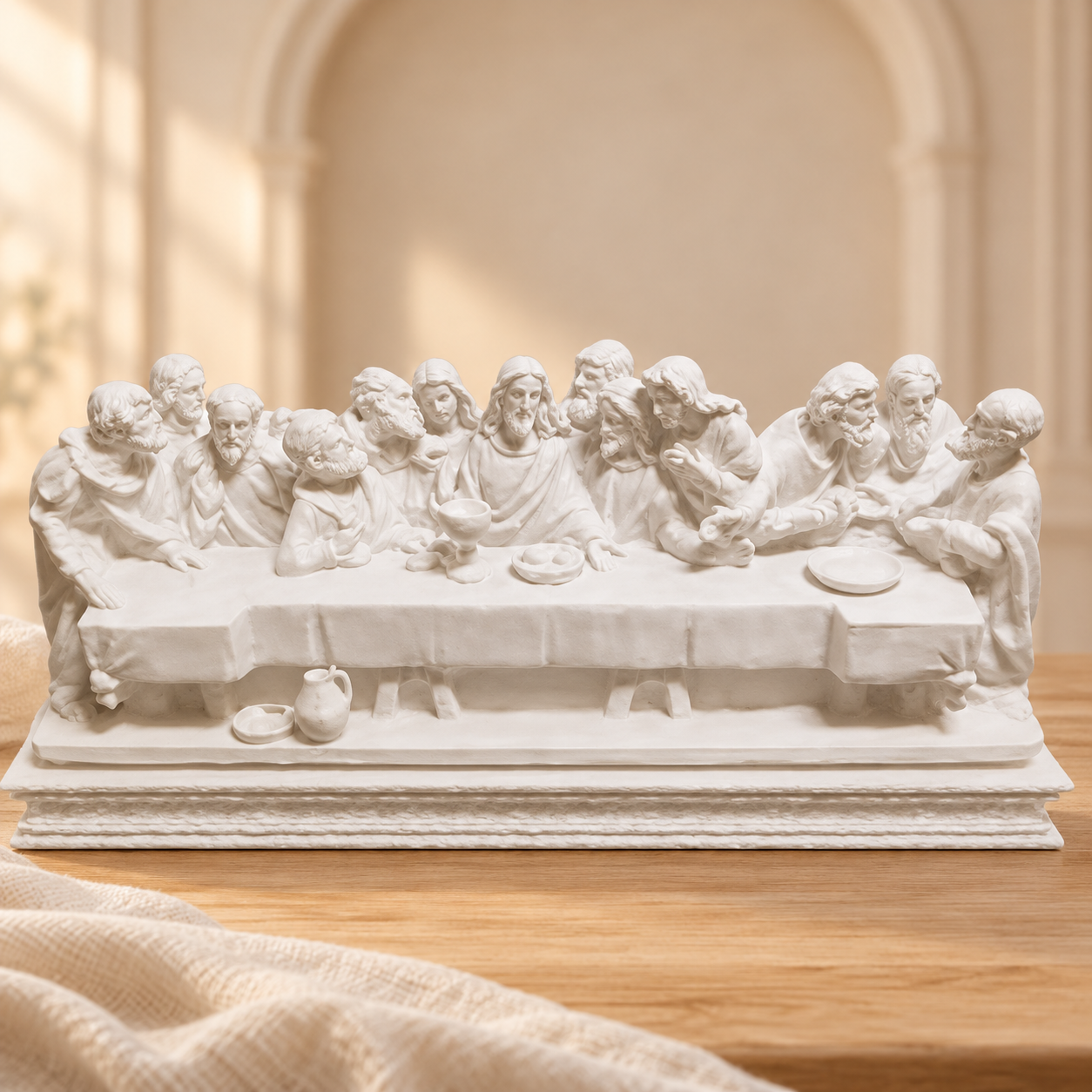 Santa Ceia: escultura em cenário claro com luz suave